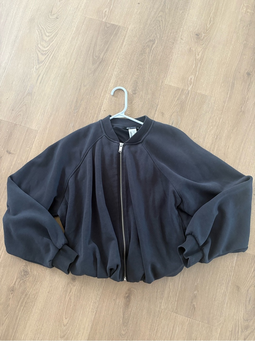 Zara Black Balloon-Sleeve Bomber Jacket with Zip